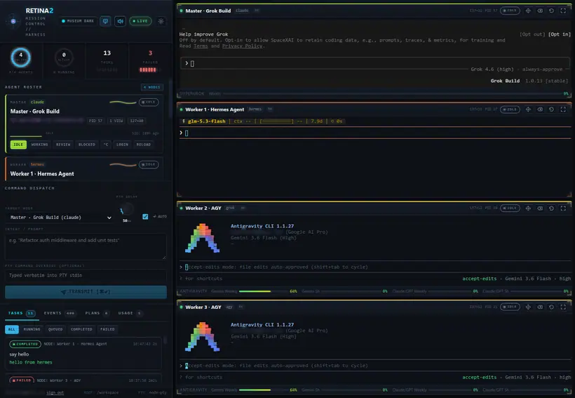 Mission control with a Grok Build master and Hermes and Antigravity workers. Account details blurred.
