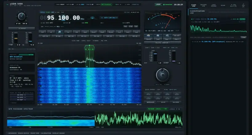 Live wideband FM carrier: spectrum, waterfall, passband and MPX scope. Memory presets blurred.